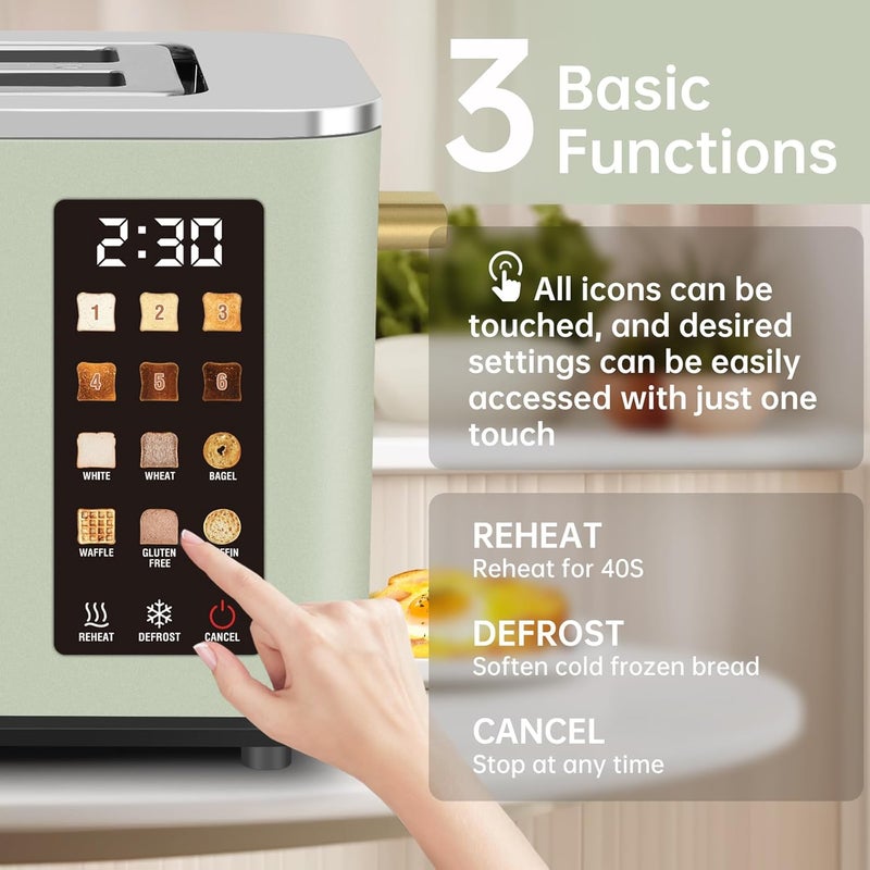 SEEDEEM Toaster 2 Slice, Touch Control Screen, Smart Stainless Toaster, 6 Shade Setting, 6 Bread Selection, Countdown, Removable Crumb Tray, 900W, Mint Green - Image 2